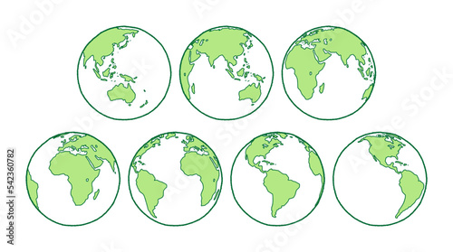 set of green earth globes; hand drawn illustration by crayon