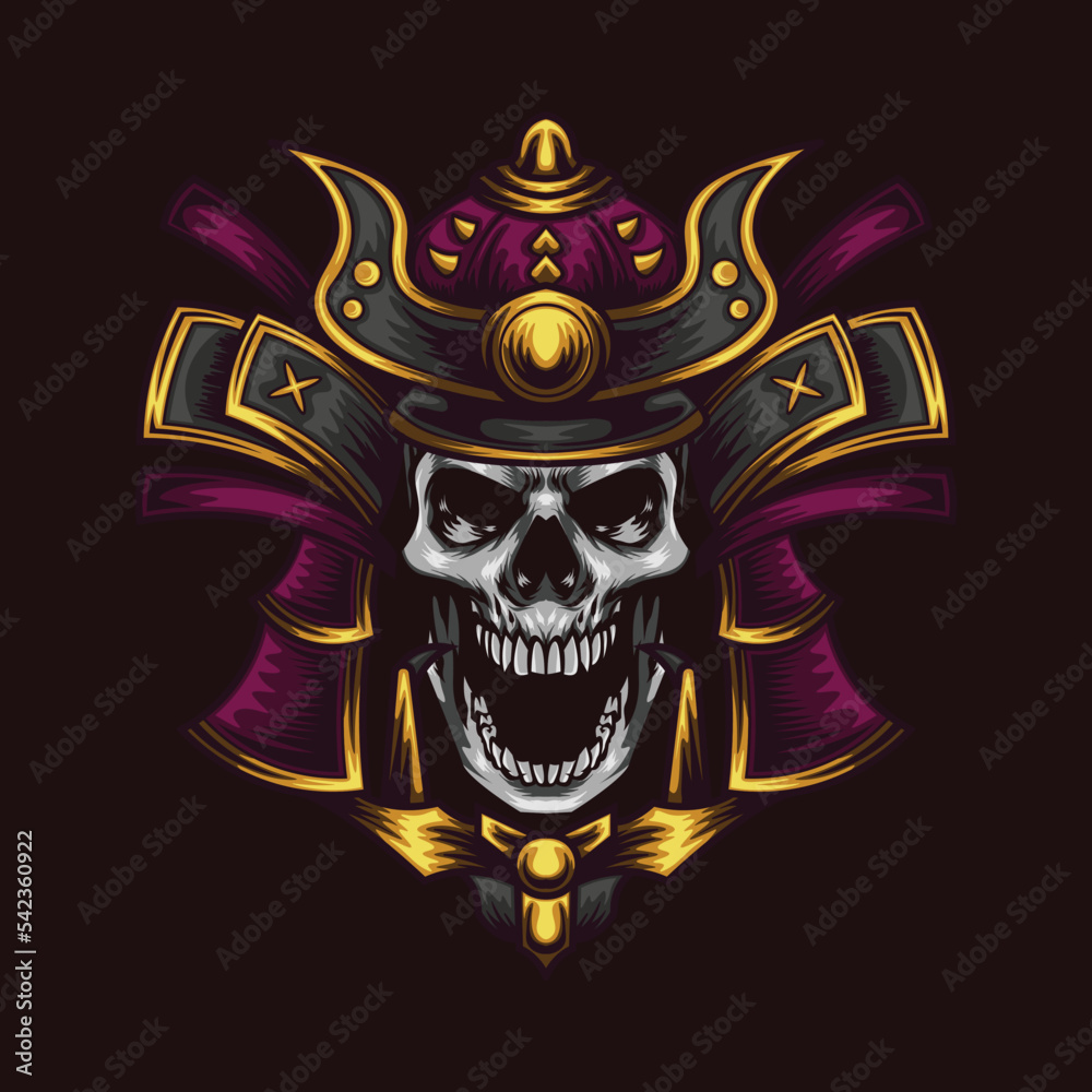 Vector illustration of skull wearing samurai helmet