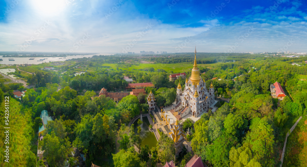 Fototapeta premium Aerial view of Buu Long Pagoda in Ho Chi Minh City. A beautiful buddhist temple hidden away in Ho Chi Minh City at Vietnam