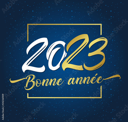 Bonne Annee french text - Happy New Year 2023 holiday card. Stylish calligraphy golden 20 and 23 digits vector illustration for holiday Happy New Year. Luxury greeting banner or poster photo