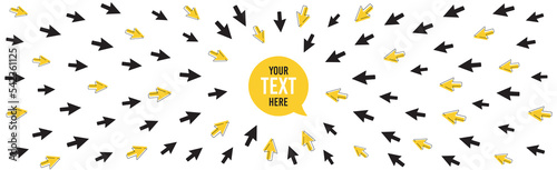 Focus arrows pointing to the center. Dynamic yellow arrow symbols. Focus on goal target. Influence center point. Click here business background. Mouse cursor pointers frame. Vector