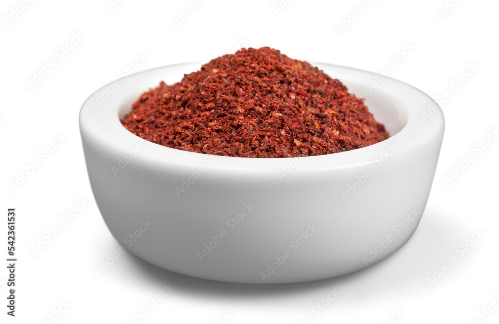 Collection of different spices with names in white pans, isolated