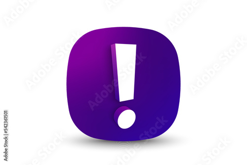 Exclamation mark on neon gradient button. Attention, important 3d icon. Attention symbol, important sign and alert exclamation mark. Neon 3d square button. Vector