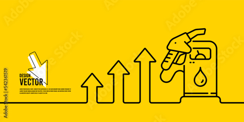 Gasoline pump nozzle banner. Fuel pump petrol station icon. Price increase, inflation chart. Petrol refuel station yellow background. Expensive diesel fuel. Continuous line banner. Vector