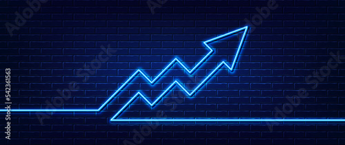 High inflation up arrow. Neon light brick pattern wall background. Increase profit, growth arrow and inflation graph neon banner. Stone brickwall texture. Vector