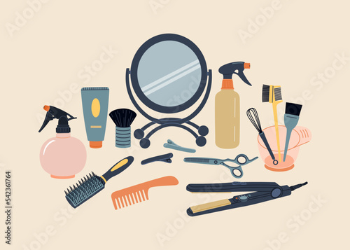 Set of hairdressing accessories. Mirror, hairbrush, scissors, straightener and different professional tools for barbershop. Hand drawn flat vector illustration isolated on color background.