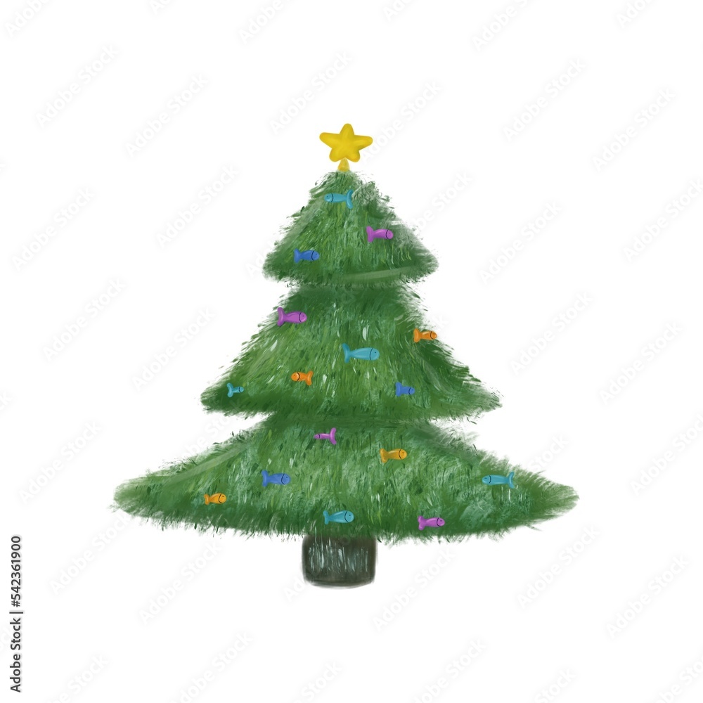Fluffy Christmas tree decorated with fish, sea tree with fish, New Year at sea, green Christmas tree for the New Year 