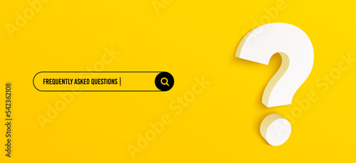 3d question mark and search bar template for website. Navigation search for browser. 3d quiz icon. Ask question template banner. Support FAQ information design. Find information banner. Vector