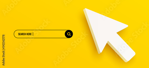 3d arrow cursor and search bar template for website. Navigation search for web browser. 3d mouse cursor icon. Ask question template banner. Support FAQ information design. Vector photo