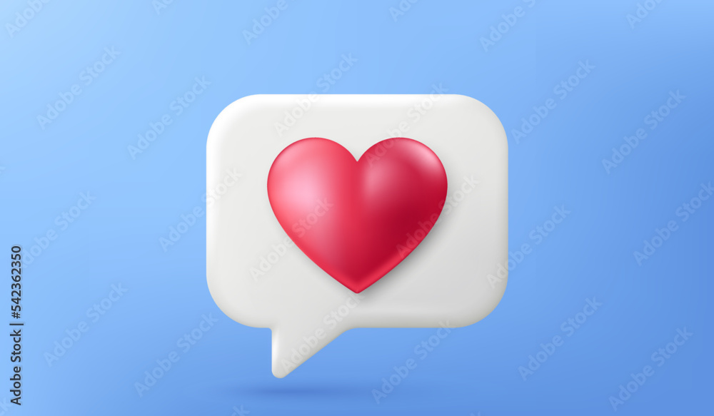 3d love like icon. Notification chat bubble with heart isolated on blue background. Favorite message, best feedback and 3d follow chat box. Love heart bubble. Social media comment. Vector