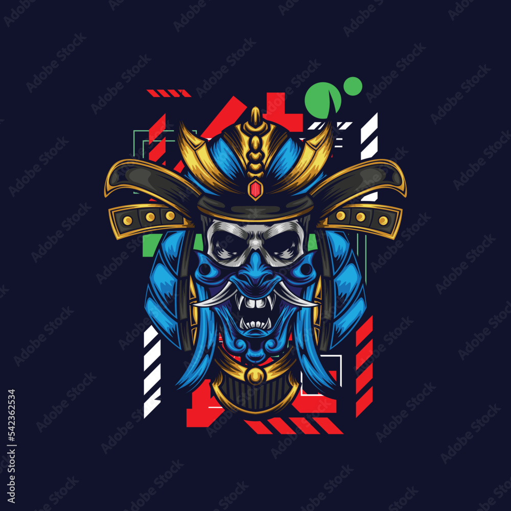 Obraz premium Vector illustration of skull wearing samurai helmet