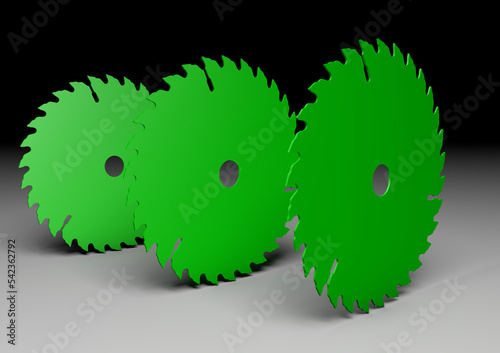 Wood processing disks in green color for photomontage on white background.3d render illustration.