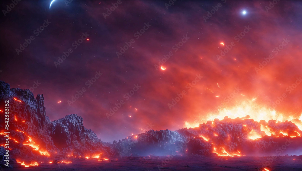 distant planet surface with a large amount of lava burning in the sky with bright red and orange lights on it and a crescent in the distance - obrazy, fototapety, plakaty 