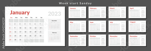 Set of 2023 Calendar Planner Template in minimal business style. Vector layout of a wall or desk simple calendar with week start sunday. Calendar grid in grey color for print