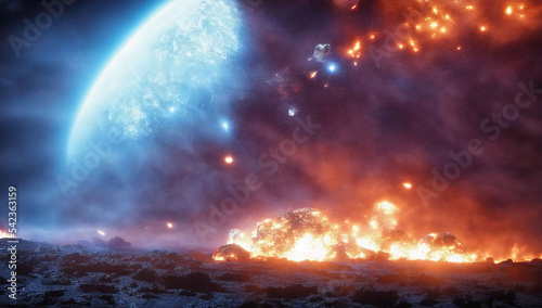 ept illustration of colliding planet view from planet surface showing explosion and blue planet in background lot of fire and smoke