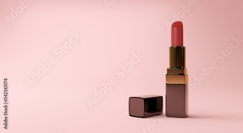 Red lipstic without cap on pink background. © Yuliya Gorbunova
