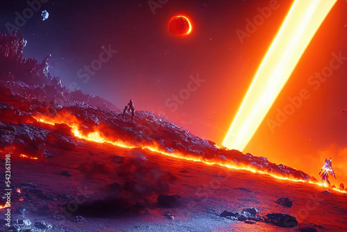 illustration of distant planet surface with a large amount of lava burning after hot orange glowing ray of fire is hitting the planet surface