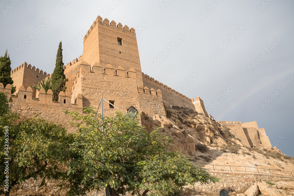 View at the exterior facade fortress tower at the Alcazaba of Almería, Alcazaba y Murallas del Cerro de San Cristóbal, fortified complex in Almería, Spain