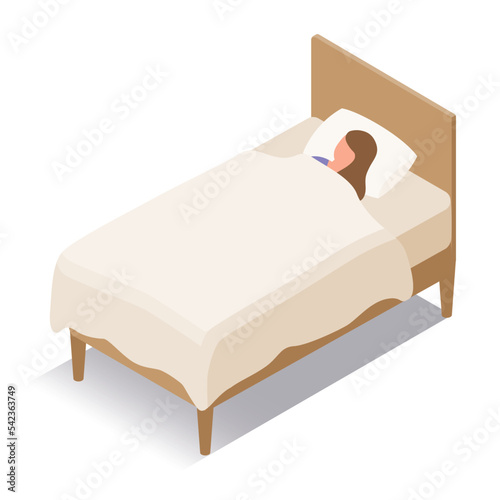 アイソメトリック_ベッドで眠る女性のイラスト