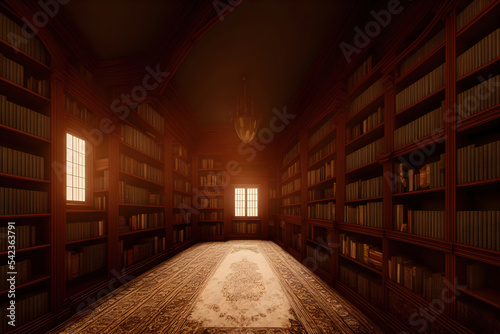 Old library books on shelf. Education literature bookshelf with window for school knowledge study 3D concept