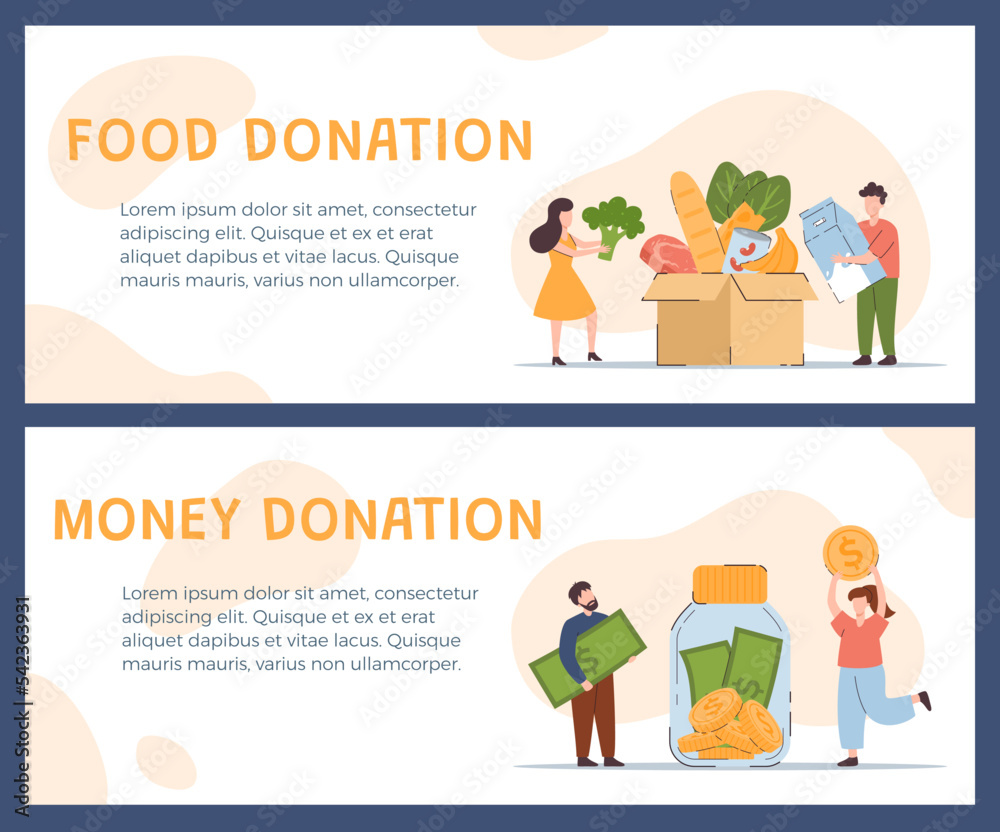 Food and money donation concept, set of banners - flat vector illustration.
