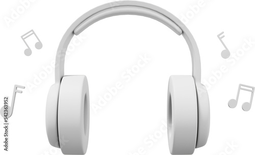 Wireless headphones and flying music notes front view. White PNG icon on a transparent background. 3D rendering. photo