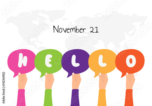 World hello day background with hand hold hello notes and earth map isolated on white background.