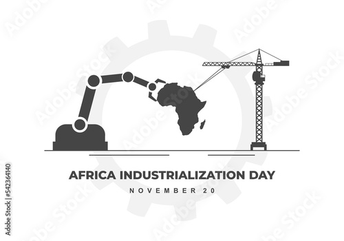 Africa industrialization day background with factory and africa map on white color.