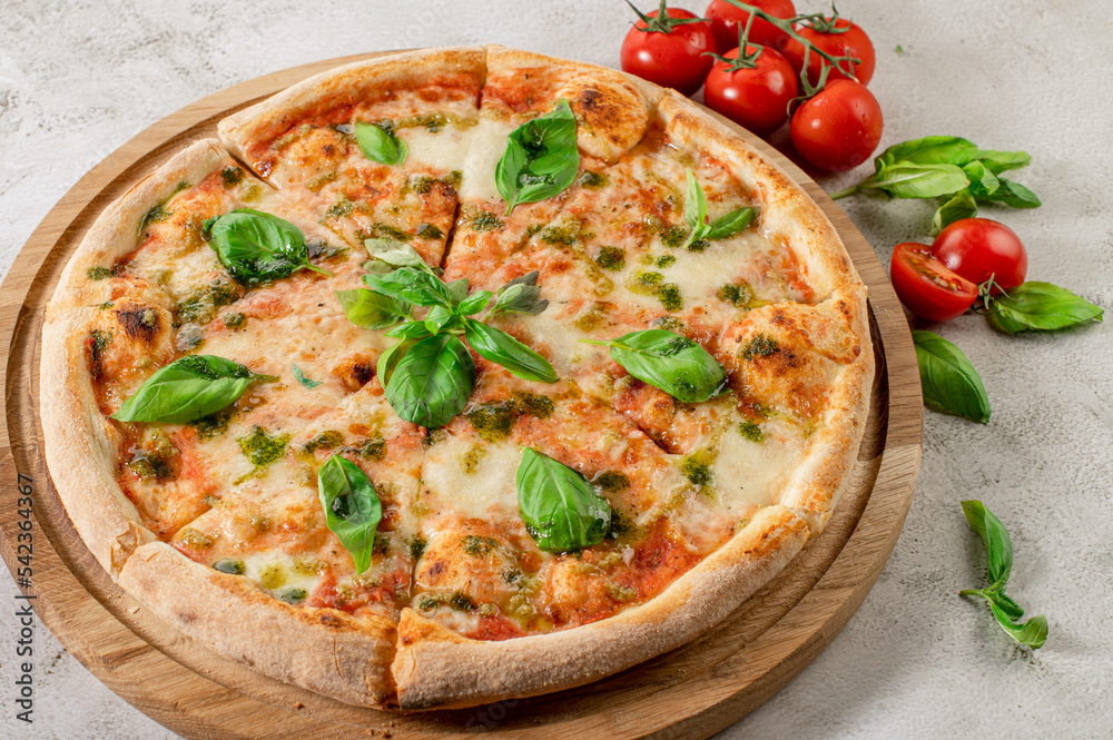 Fresh hot cheese pizza on the concrete background Fresh hot cheese pizza on the concrete background