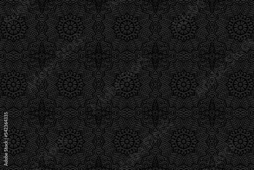 Embossed trendy black background, ethnic cover design. Press paper, boho style, art deco. Tribal geometric 3d pattern, artistic texture of East, Asia, India, Mexico, Aztecs, Peru.