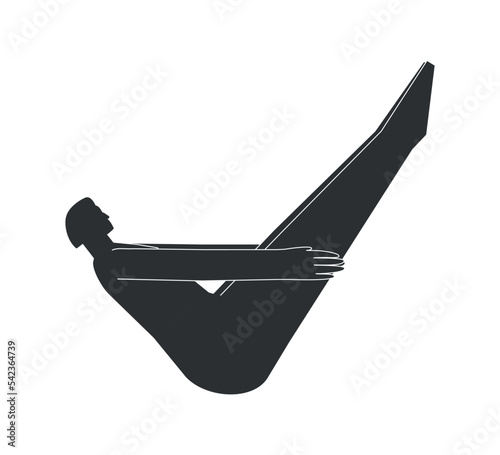 Vector isolated illustration with flat black silhouette of female character. Sportive woman learns yoga posture Boat Pose. Fitness exercise - Paripurna Navasana. Minimalistic design