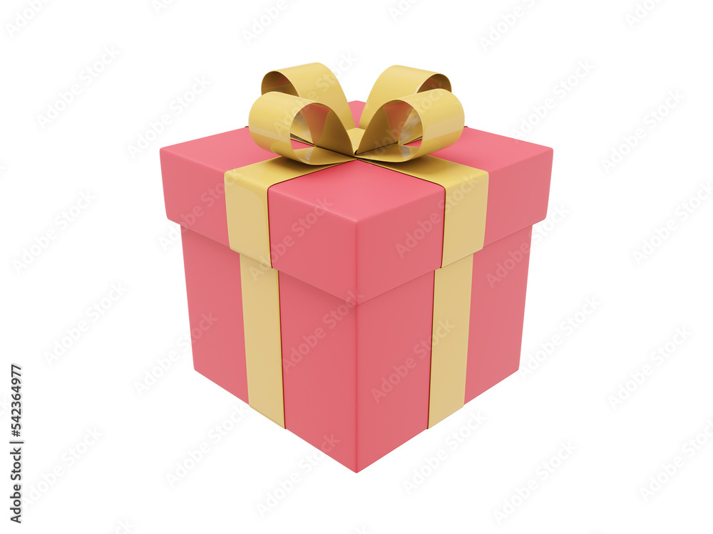 Realistic red gift box with yellow ribbon. 3D rendering. Icon on white background