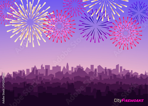 Urban cityscape with fireworks and celebrated festive firecracker over town. Vector evening skyscrapers silhouette and bright holiday salute