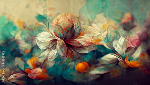 Wonderful colorful abstract flowers with floral patterns, leaves and flowers as a painting. Illustration, Digital Art 3D Rendering.