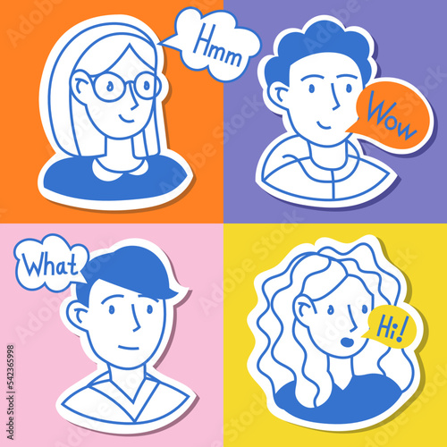 Kids Online Education, Language online courses. Young people study lesson. Stickers with hand drawn  speaking people. Line vector illustration.