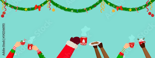 Christmas banner vector illustration, Santa Claus elf hands and reindeer leg hold hot drink milk chocolate and cookies with Christmas tree garland ornaments. Happy holiday calibration party decoration