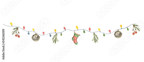 Watercolor vector garland with vintage toys, light bulbs and fir branches.