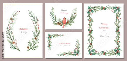 Watercolor sets of templates with Christmas decor.