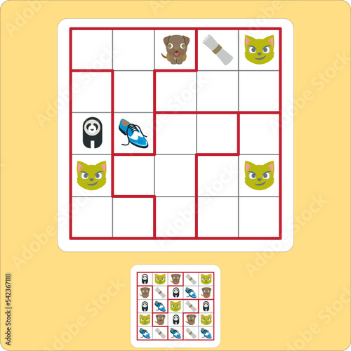 Sudoku game with autumn pictures (mushroom, leaf) for children, easy level, education game for kids, preschool worksheet activity, task for the development of logical thinking, vector illustration