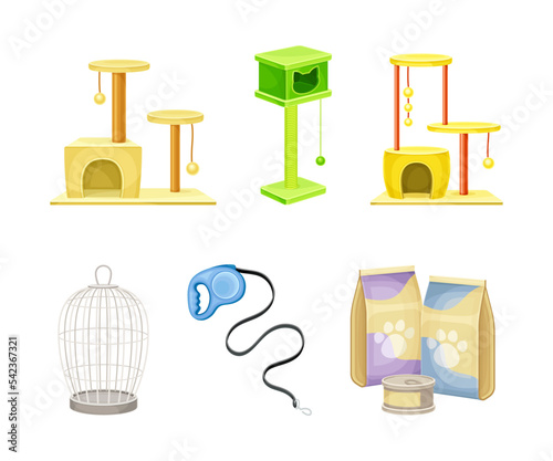 Set of pet animals supplies. Food and accessories for cats and dogs care. Scratching post, house, food packaging, leash, cage vector illustration