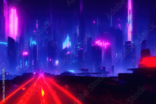 Cyberpunk future sci-fi city with neon lights. Futuristic night building with urban red purple traffic background 3D