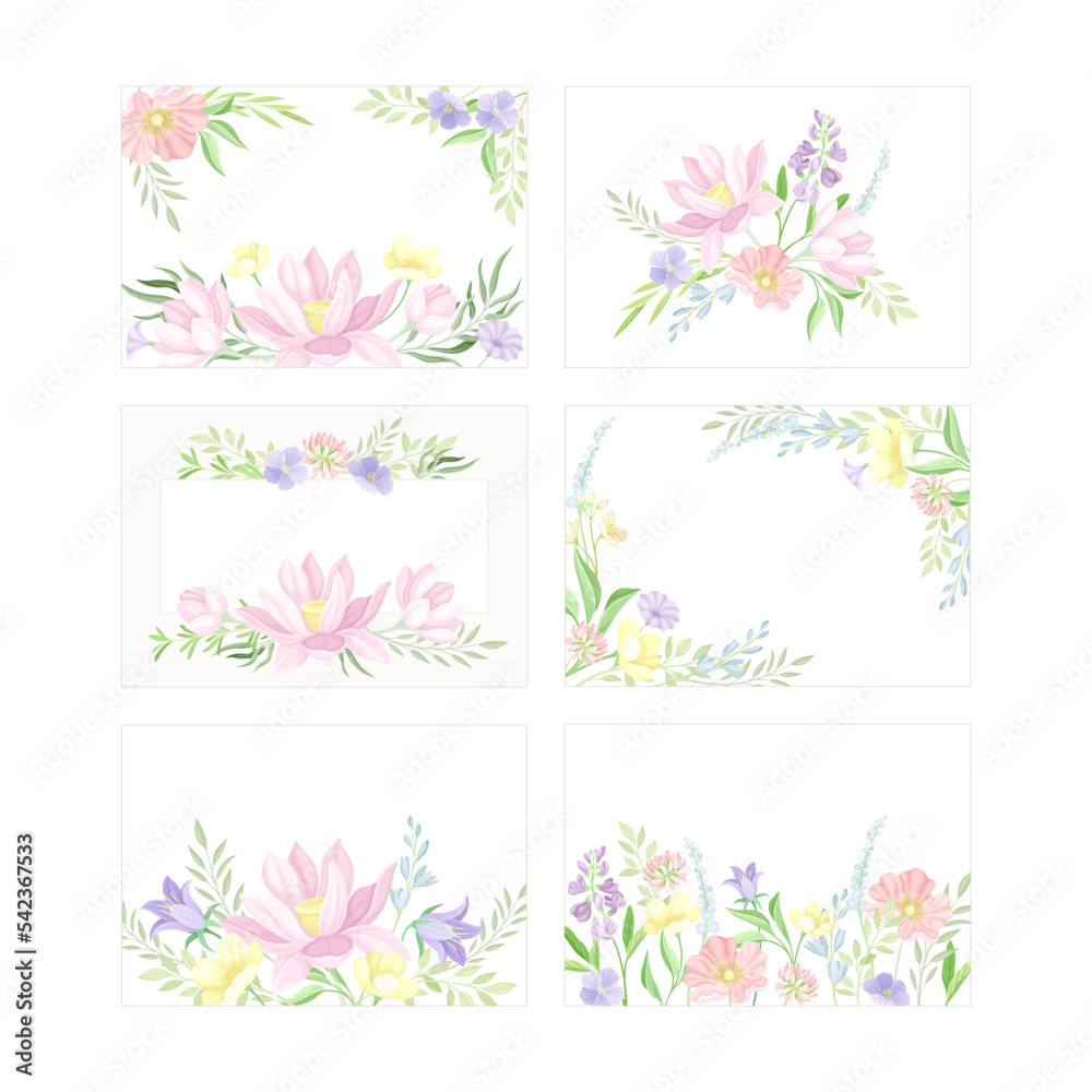 Floral frames of different shapes set. Greeting card or invitation with wild flowers and leaves vector illustration