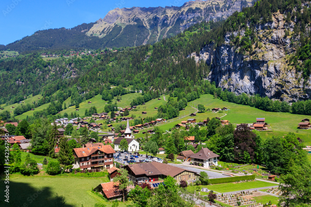 View of Lauterbrunnen village in Lauterbrunnen Valley in Bernese Oberland, Switzerland. Switzerland nature and travel. Alpine scenery