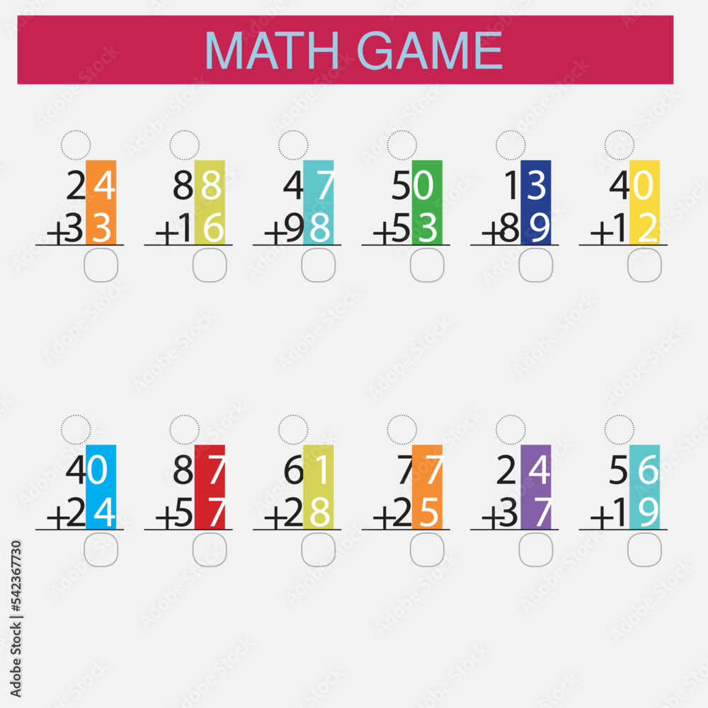 Worksheet. Mathematical puzzle game. Learning mathematics, tasks for addition for preschool children. worksheet for preschool kids - vector Worksheet. Mathematical puzzle game. Learning mathematics, tasks for addition for preschool children. worksheet for preschool kids - vector