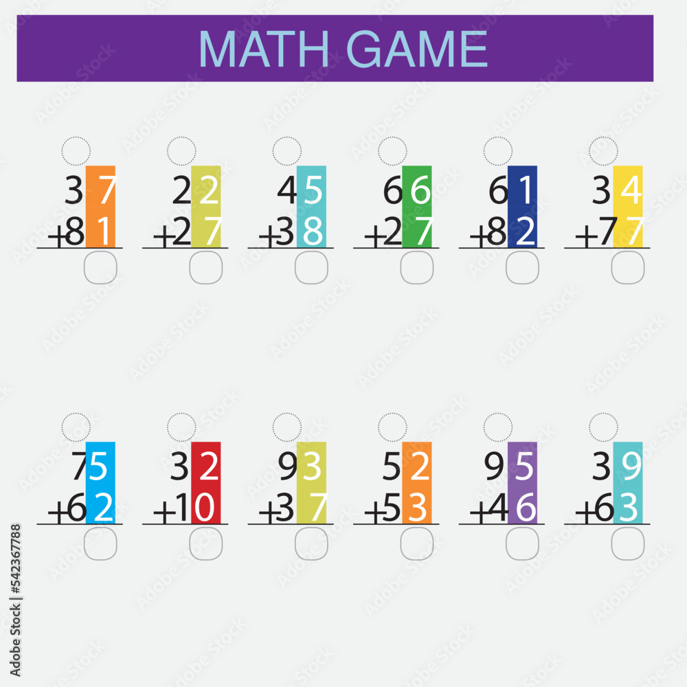 Worksheet. Mathematical puzzle game. Learning mathematics, tasks for addition for preschool children. worksheet for preschool kids - vector Worksheet. Mathematical puzzle game. Learning mathematics, tasks for addition for preschool children. worksheet for preschool kids - vector