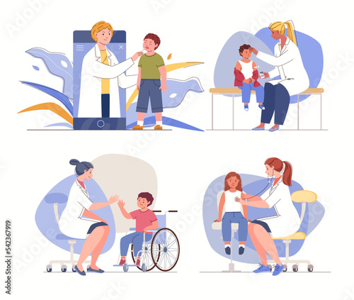 Set of illustrations "Children at the doctor" on a white background. Collection of various scenes of pediatricians examining and consulting patients. Flat cartoon vector characters.