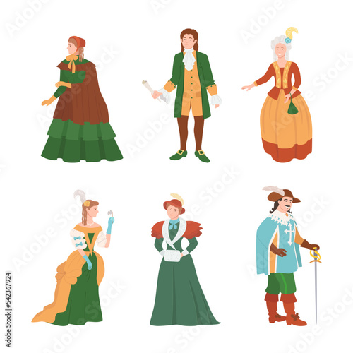 People dressed clothing of 18th century set. Men and women in medieval fashion vintage dress, historical clothes vector illustration