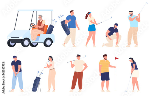 People play golf. Male and female players hit the ball with a golf club to hit the hole. Vector illustration