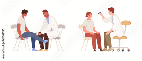 Medical scene illustration set. Healthcare concept. Doctor neurology checks health of patients. On consultation with neurologist. Planned examination. Vector characters flat cartoon.