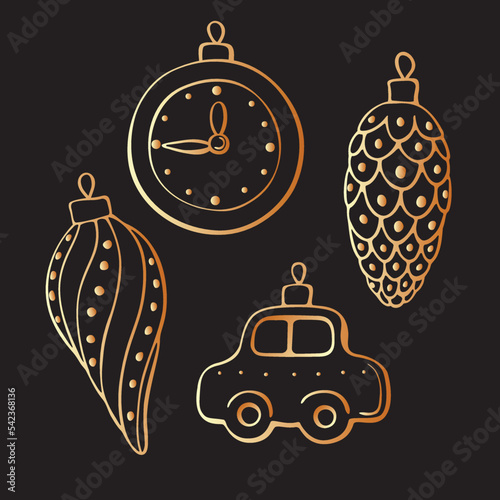 Set of vector contoured golden toys, decorations for xmas tree, doodle style. Clipart for Merry Christmas and Happy New Year